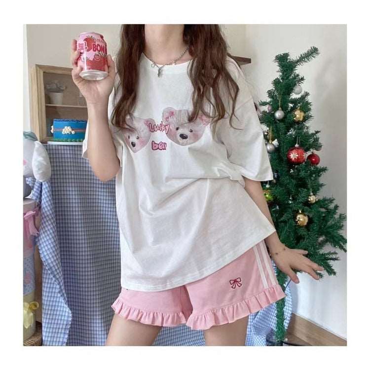 Bow Embroidery Ruffle Shorts