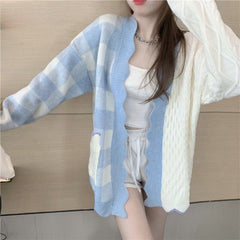 Patchwork Plaid Knitted Cardigan