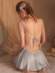 Black Sleeveless Short Ladies Sexy Lace & Bow Decoration One-Piece Nightgown