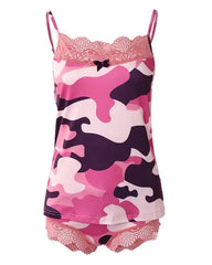 Camouflage Print Lace Trim Bowknot Decor Cami Set