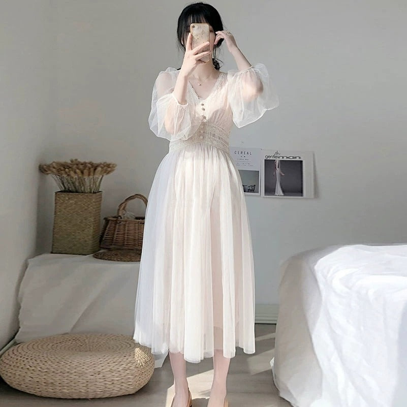 Elegant A-Line Button Puff Sleeve Dress