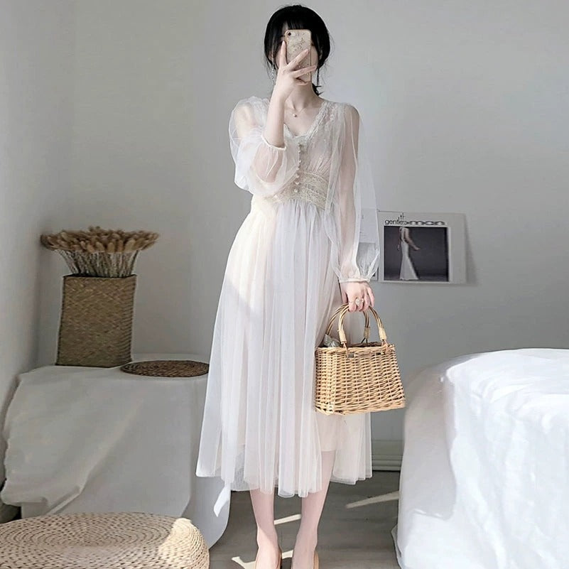 Elegant A-Line Button Puff Sleeve Dress