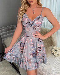 Floral Umbrella Print Frill Hem Ruffles Night Dress With Panty