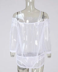 Cold Shoulder Eyelash Lace Sheer Mesh Babydoll