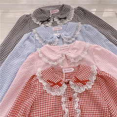 Kawaii Lace Ruffles Bow Collar Gingham Long Sleeve Blouse