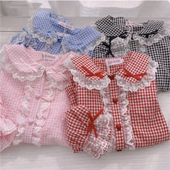 Kawaii Lace Ruffles Bow Collar Gingham Long Sleeve Blouse