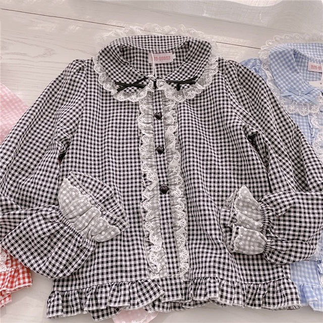 Kawaii Lace Ruffles Bow Collar Gingham Long Sleeve Blouse