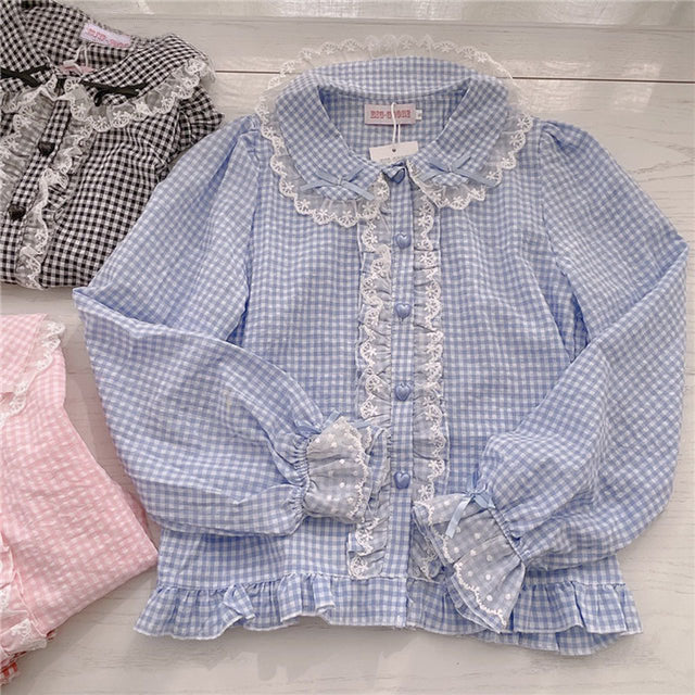 Kawaii Lace Ruffles Bow Collar Gingham Long Sleeve Blouse