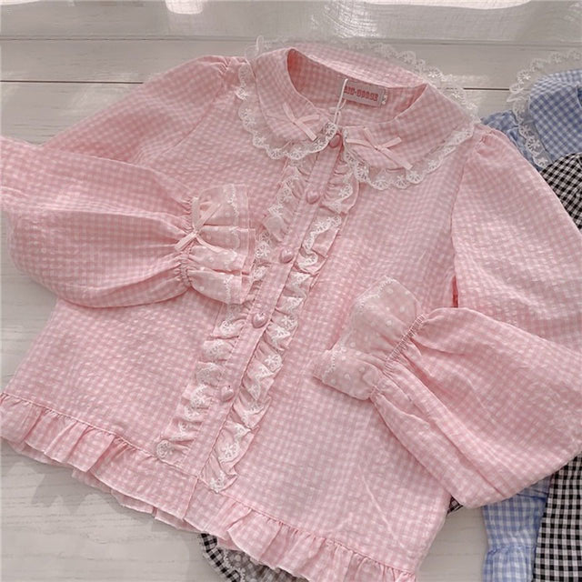 Kawaii Lace Ruffles Bow Collar Gingham Long Sleeve Blouse