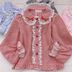 Kawaii Lace Ruffles Bow Collar Gingham Long Sleeve Blouse