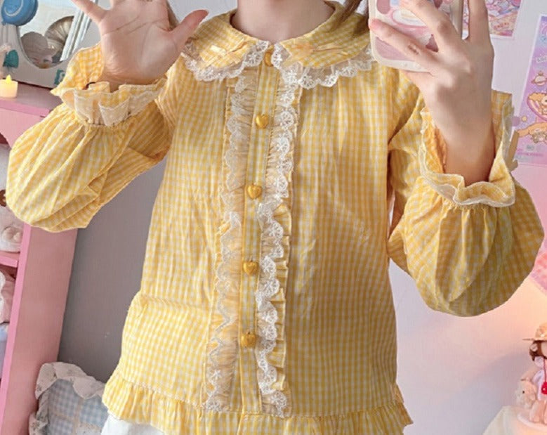 Kawaii Lace Ruffles Bow Collar Gingham Long Sleeve Blouse