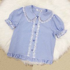 Kawaii Lace Ruffles Gingham Short Sleeve Blouse