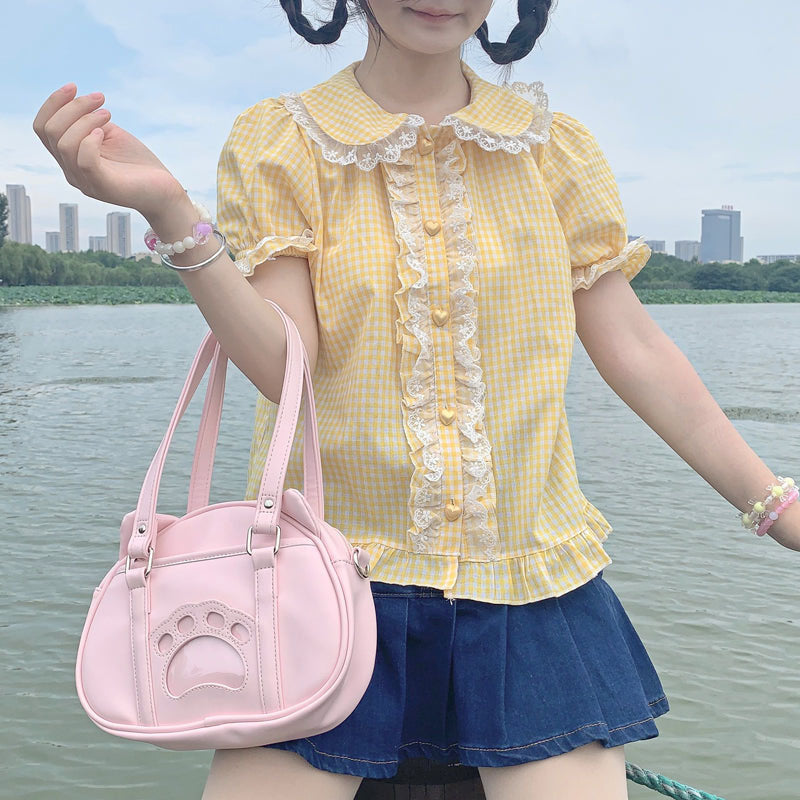 Kawaii Lace Ruffles Gingham Short Sleeve Blouse