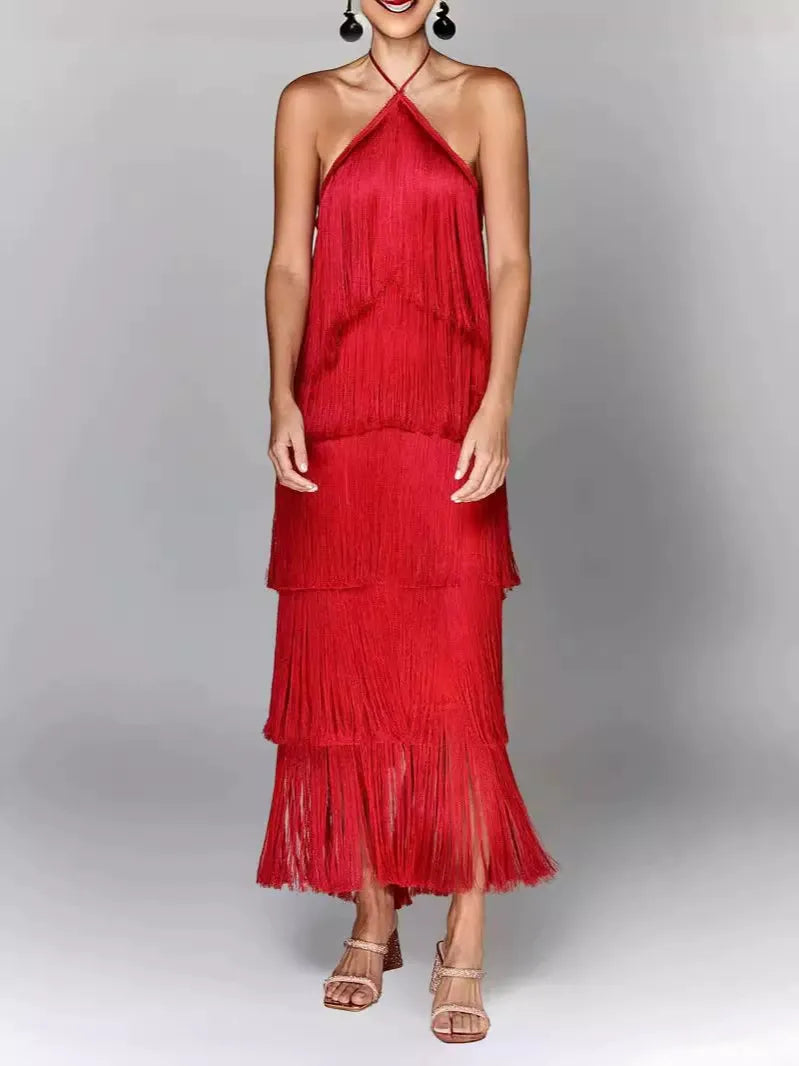 Halter Neck Tassel Backless Dress