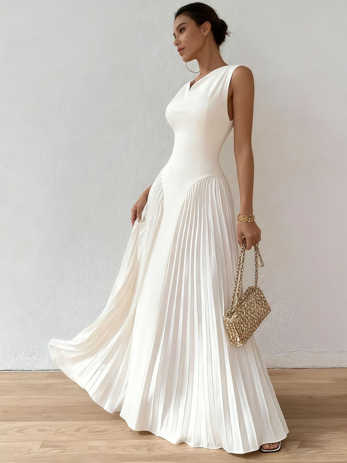 Sleeveless Pleated Waist Dress