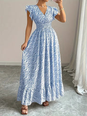 Women Short Sleeve Round Neck Sllit Floral Dress