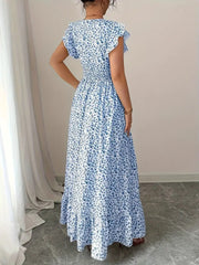 Women Short Sleeve Round Neck Sllit Floral Dress