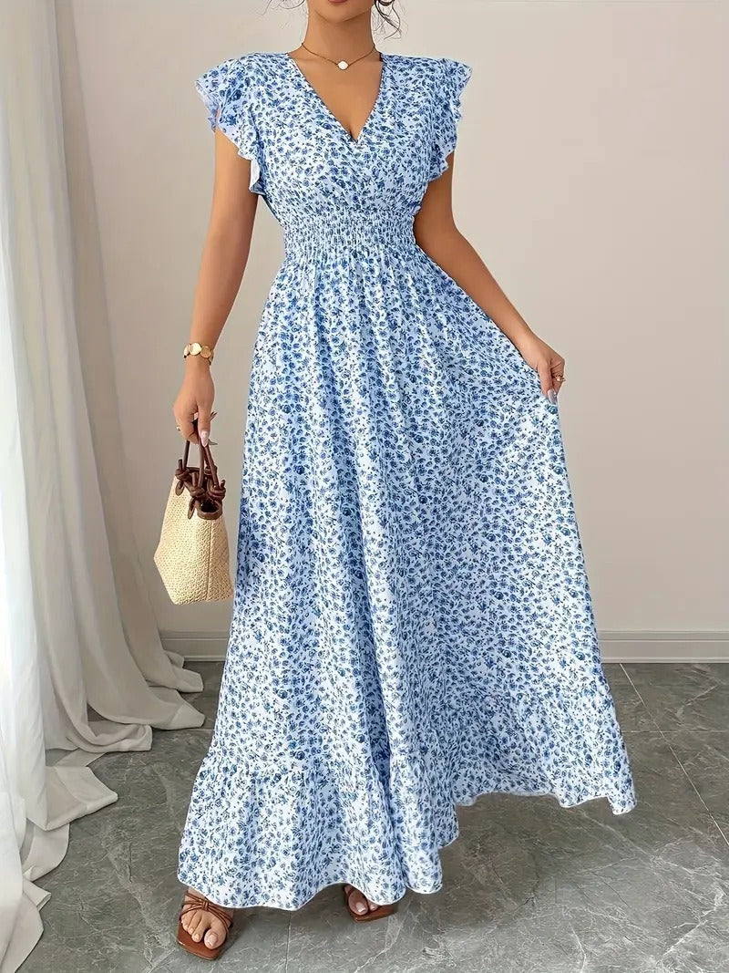 Women Short Sleeve Round Neck Sllit Floral Dress