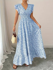 Women Short Sleeve Round Neck Sllit Floral Dress
