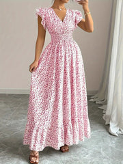 Women Short Sleeve Round Neck Sllit Floral Dress