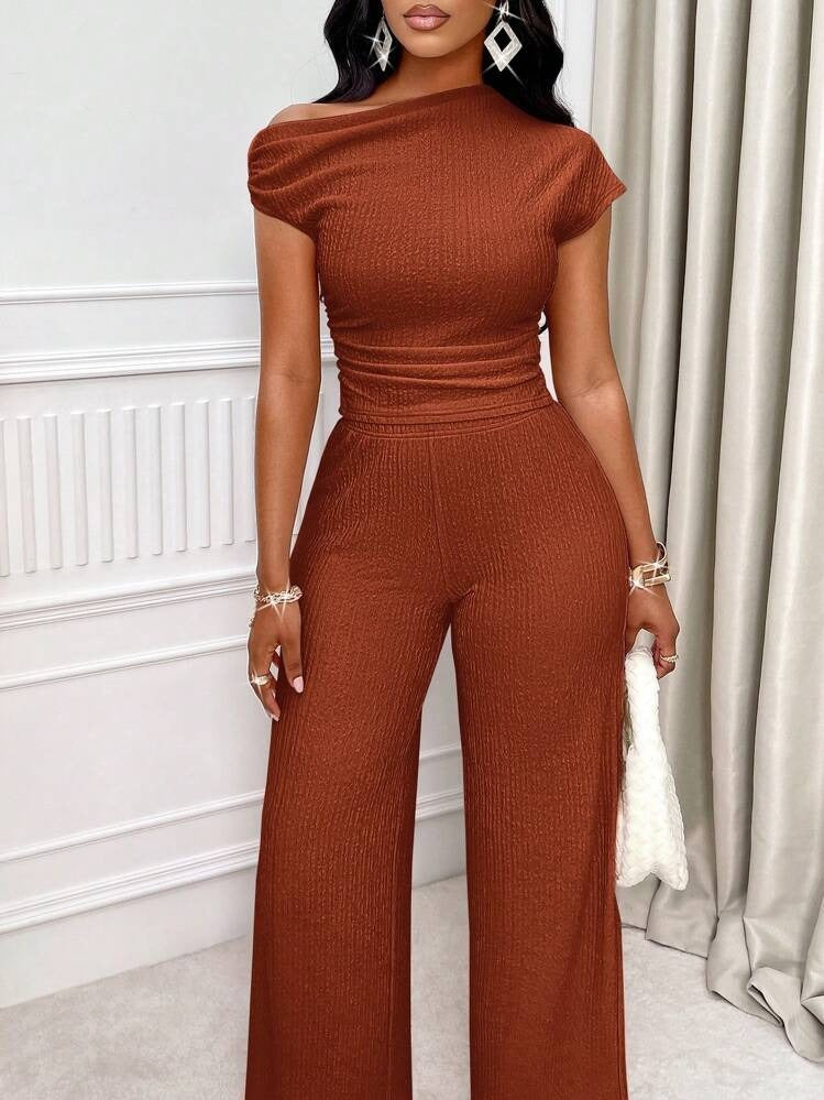 Collar Pleated Top And Wide-Leg Pants Set-Brown