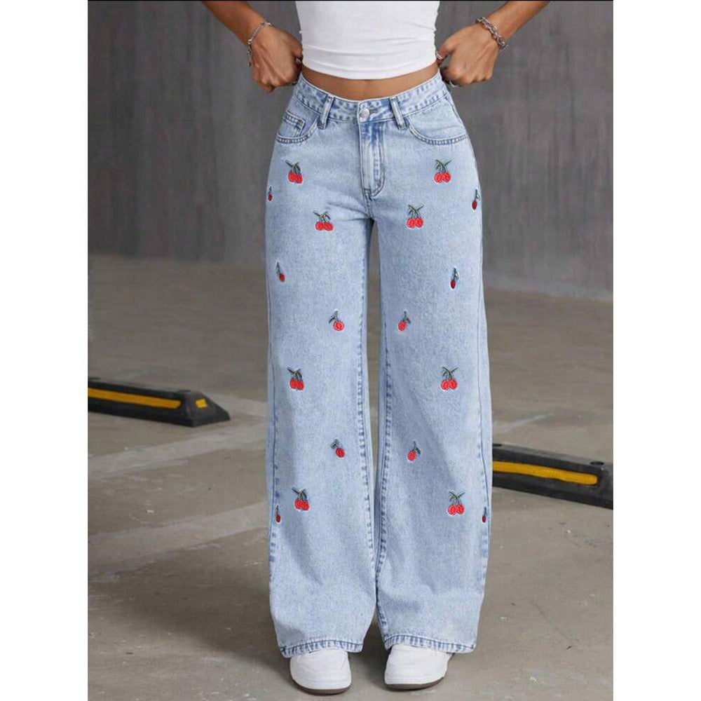 Cherry Pattern Slimming Wide-Leg Pants