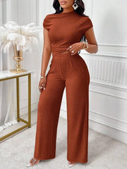 Collar Pleated Top And Wide-Leg Pants Set-Brown