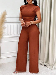 Collar Pleated Top And Wide-Leg Pants Set-Brown