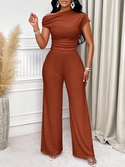 Collar Pleated Top And Wide-Leg Pants Set-Brown