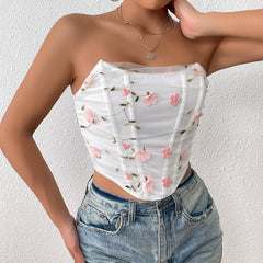 Floral Embroidered Fishbone Mesh Sheer Top