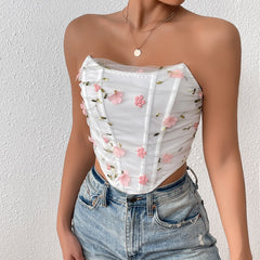 Floral Embroidered Fishbone Mesh Sheer Top