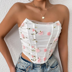 Floral Embroidered Fishbone Mesh Sheer Top