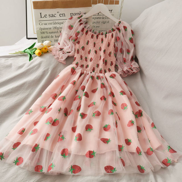 Shirred Sweet Strawberry Dress