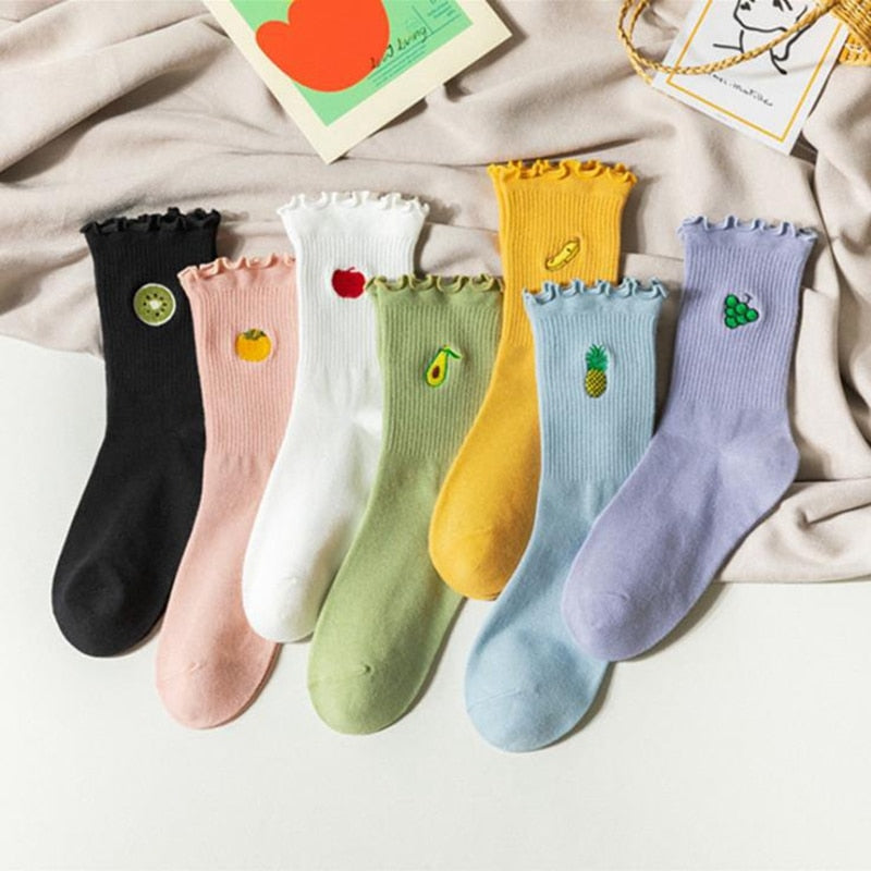 Chaussettes à volants brodées de fruits kawaii