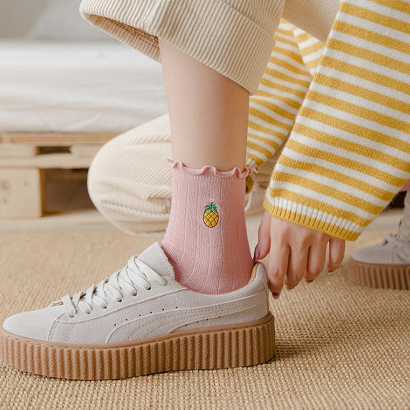 Chaussettes à volants brodées de fruits kawaii