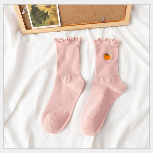 Kawaii Embroidered Fruit Ruffled Socks