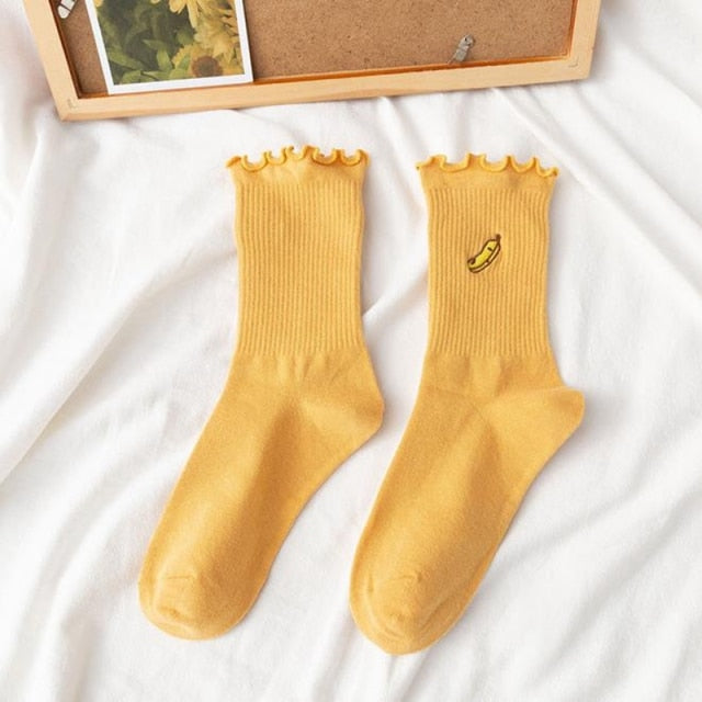 Kawaii Embroidered Fruit Ruffled Socks