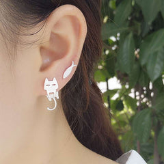 Cat and Fish Stud Earrings