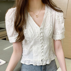 Button Front V-Neck Embroidered Top