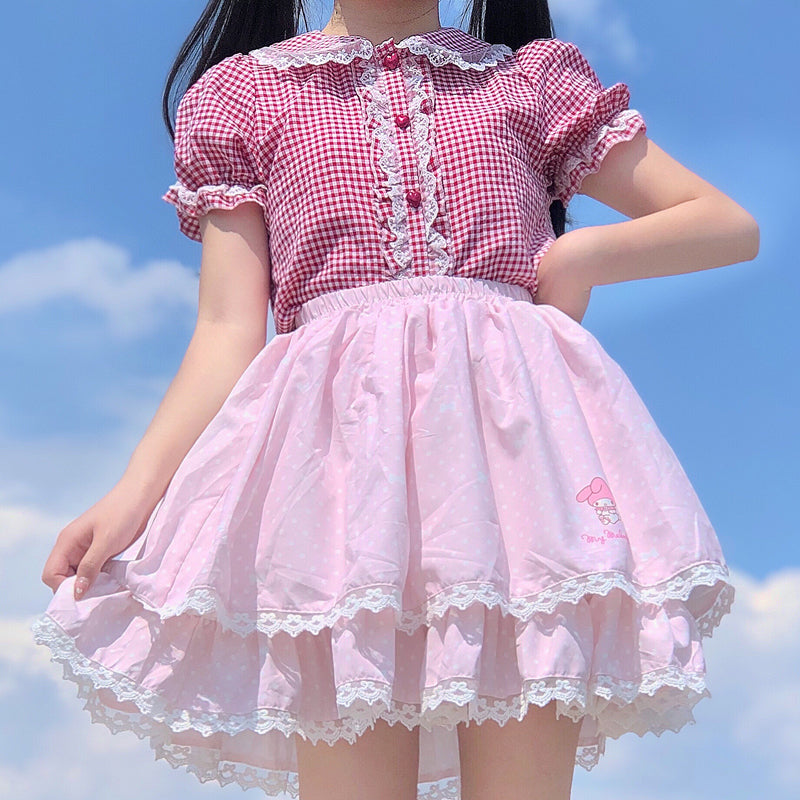 Kawaii Lace Ruffles Gingham Short Sleeve Blouse