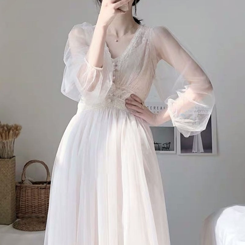 Elegant A-Line Button Puff Sleeve Dress