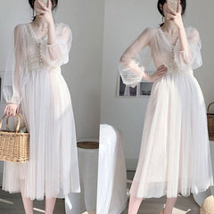 Elegant A-Line Button Puff Sleeve Dress