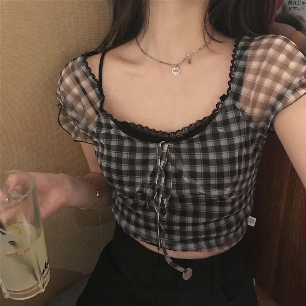 Sheer Sleeve Plaid Crop Top