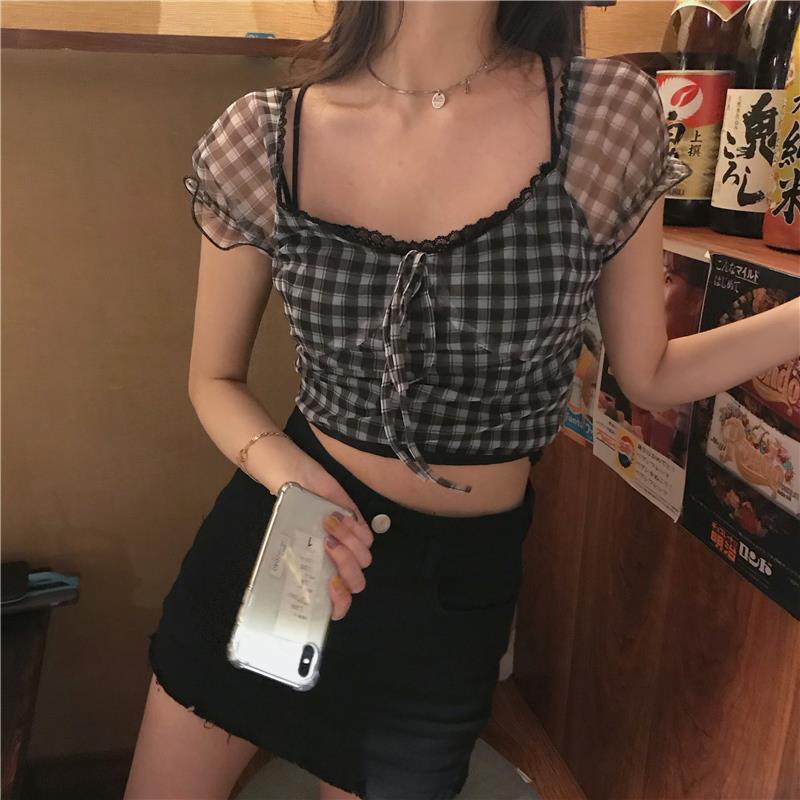 Sheer Sleeve Plaid Crop Top