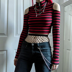 Grunge Striped Open Shoulder Long Sleeve Crop Top