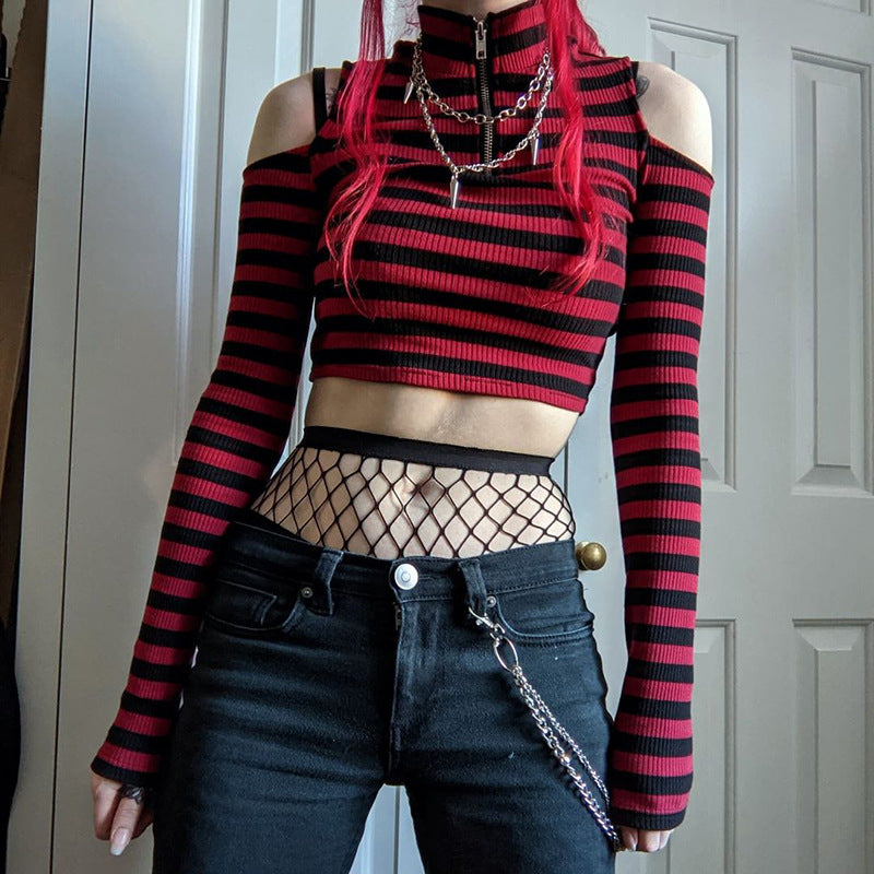 Grunge Striped Open Shoulder Long Sleeve Crop Top