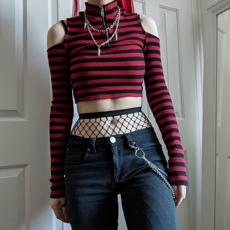 Grunge gestreiftes Crop Top mit offener Schulter und langen Ärmeln