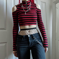 Grunge Striped Open Shoulder Long Sleeve Crop Top