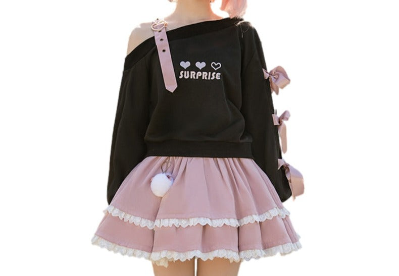 Off Shoulder Cropped Ribbon Sweatshirt & Tiered Fluff Ball Skirt