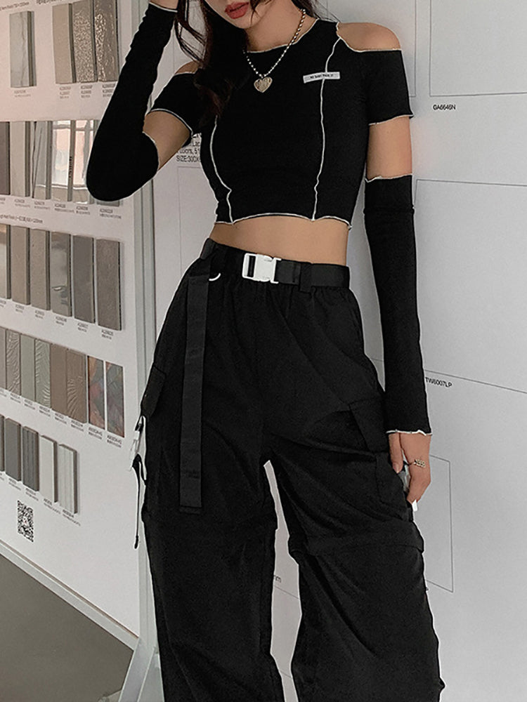 Patchwork Open Shoulder Crop Top